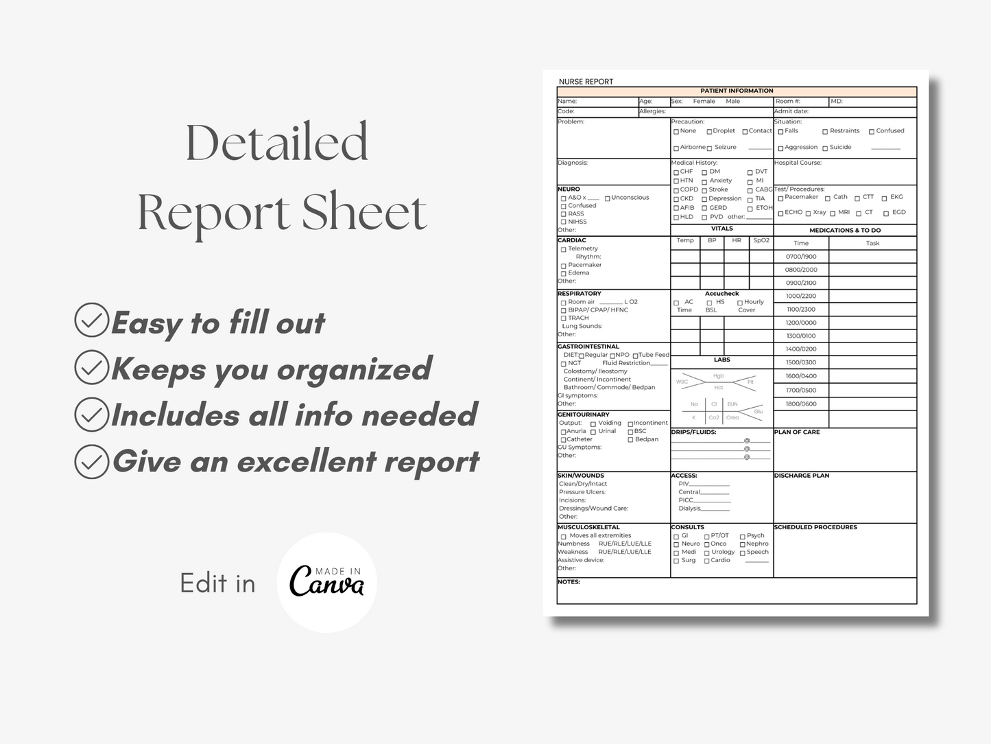 Medical/ Surgical/ Telemetry Nurse Report Sheet template